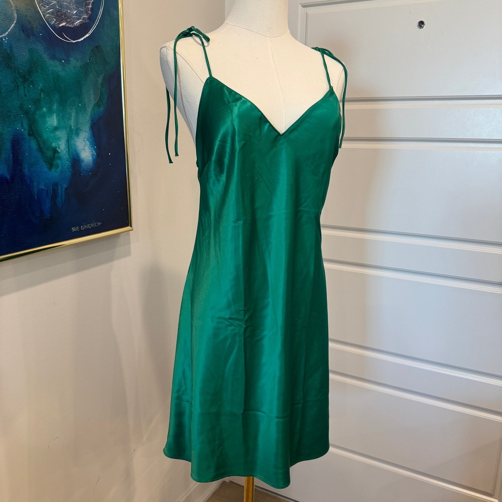 Victorias Secret Emerald Green Satin Tie Strap Slip Dress Size Small Fairycore